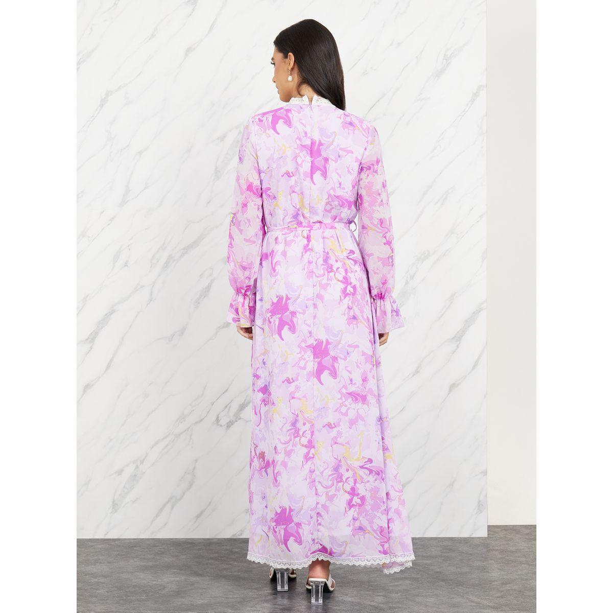 Styli Lace Trim All Over Print Ruffle Neck A-Line Maxi Dress-women-clothing-dresses-image-4