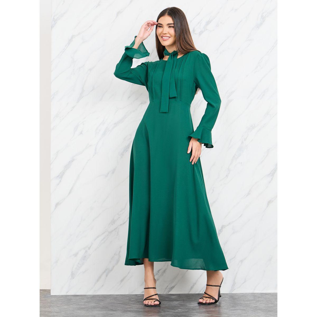 Styli Tie Up Neck Pleated A-Line Maxi Dress-women-clothing-dresses-image-1