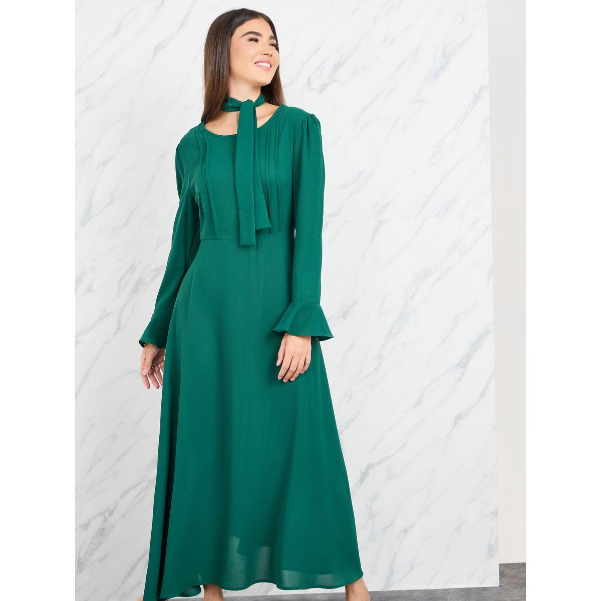 Styli Tie Up Neck Pleated A-Line Maxi Dress-women-clothing-dresses-image-2