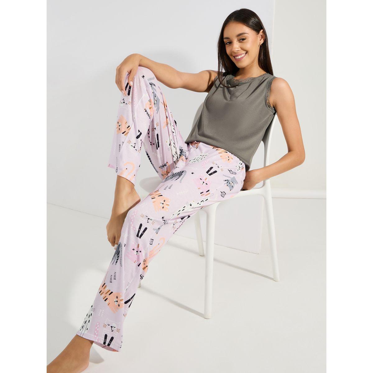Styli Unwind Lace Trim Vest & AOP Cats Pyjama Set-women-clothing-nightwear-pyjamas-longsets-image-1