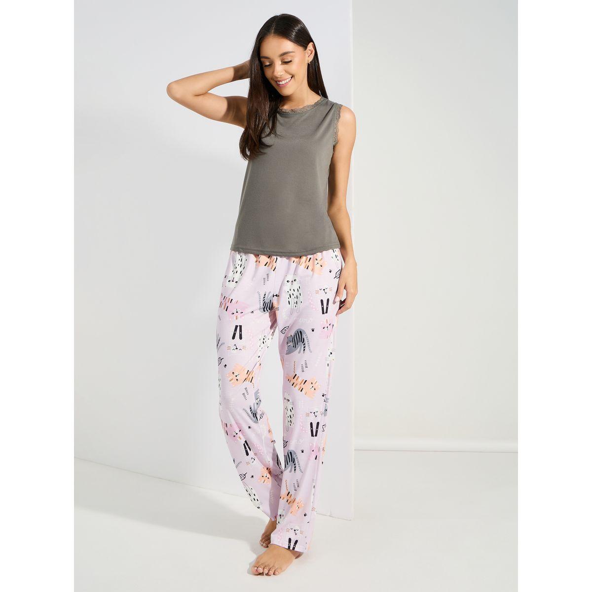 Styli Unwind Lace Trim Vest & AOP Cats Pyjama Set-women-clothing-nightwear-pyjamas-longsets-image-2