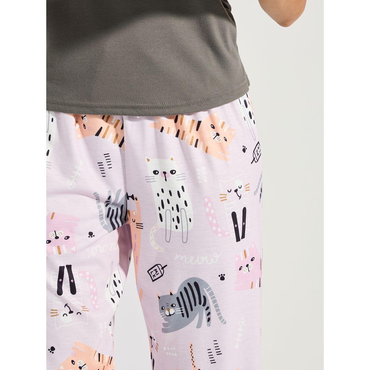 طقم من بنطال بيجاما بطبعة قطط مع فيست بتفاصيل دانتيل-women-clothing-nightwear-pyjamas-longsets-image-4