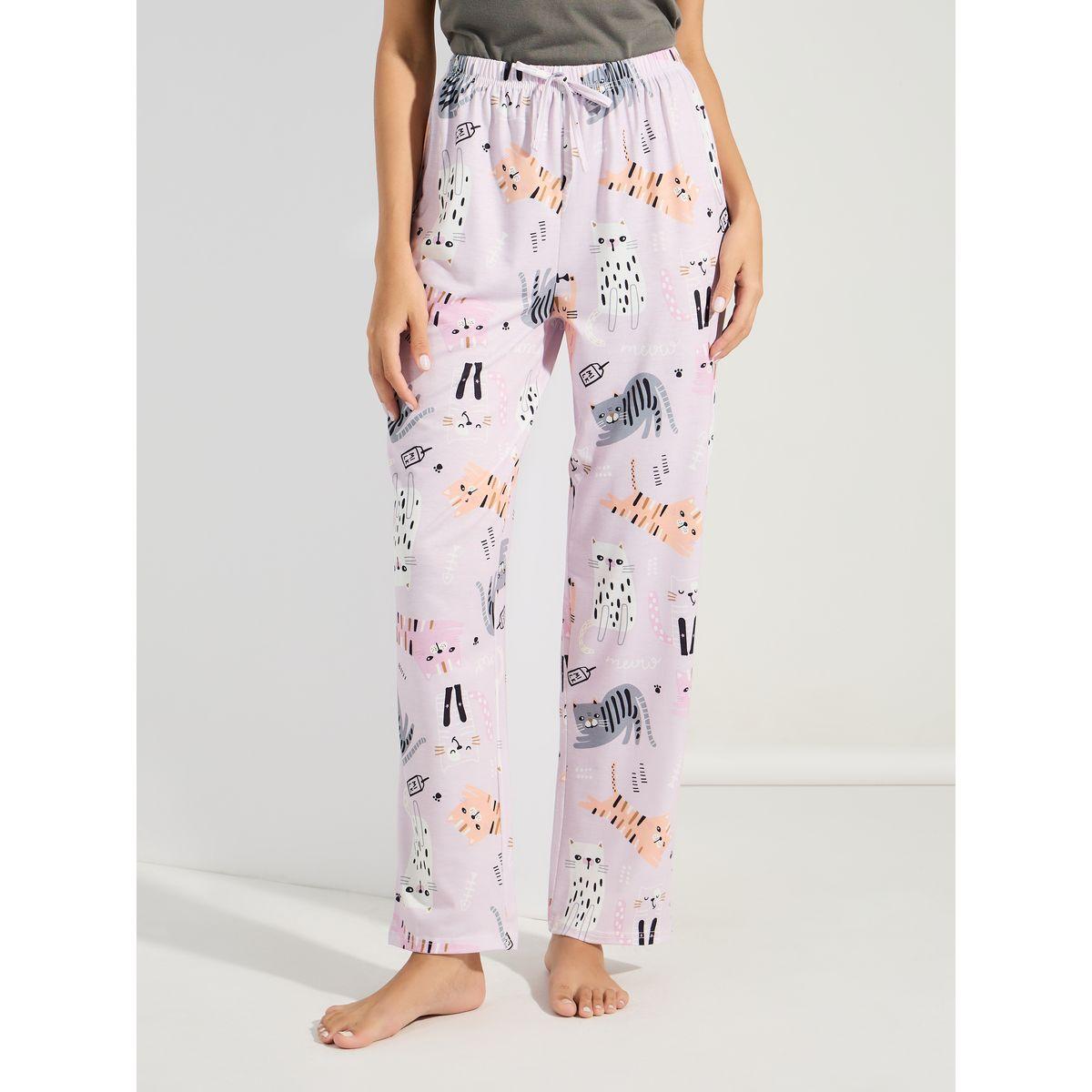 طقم من بنطال بيجاما بطبعة قطط مع فيست بتفاصيل دانتيل-women-clothing-nightwear-pyjamas-longsets-image-5