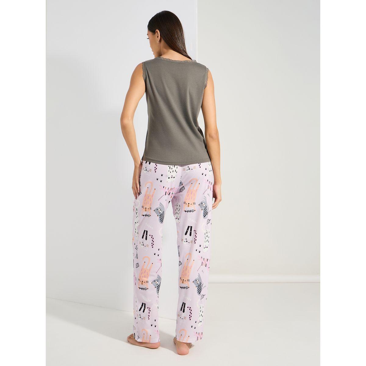 Styli Unwind Lace Trim Vest & AOP Cats Pyjama Set-women-clothing-nightwear-pyjamas-longsets-image-7