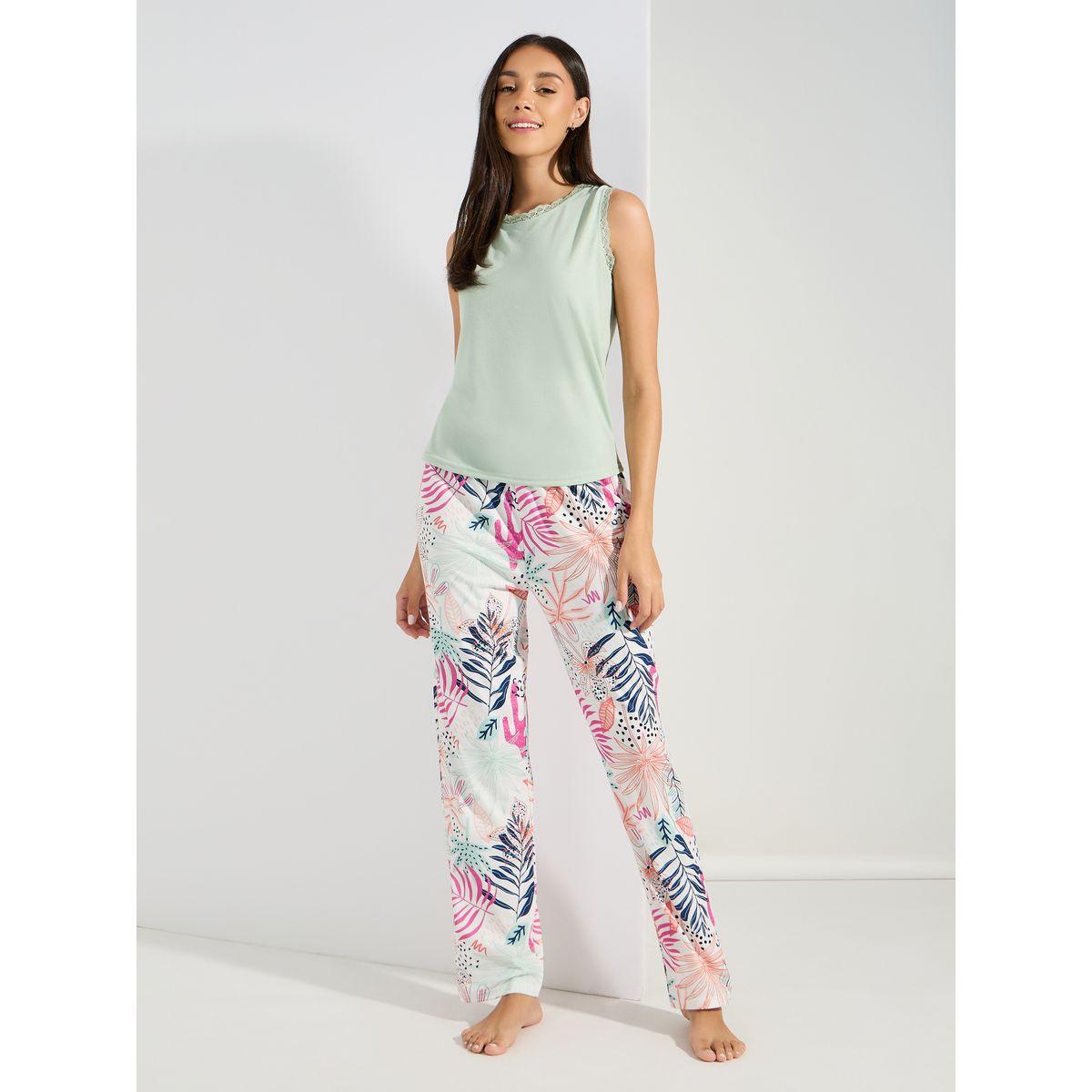 Styli Unwind Lace Trim Vest & Tropical Print Pyjama Set-women-clothing-nightwear-pyjamas-longsets-image-1