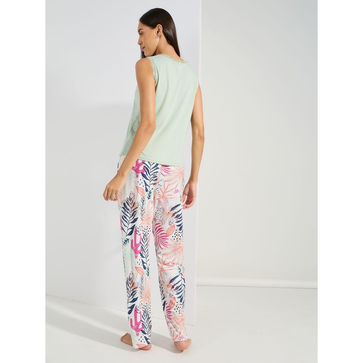 Styli Unwind Lace Trim Vest & Tropical Print Pyjama Set-women-clothing-nightwear-pyjamas-longsets-image-6