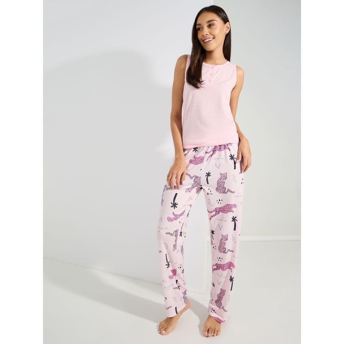مجموعة من بنطال بيجاما بطبعة قطط مع فيست سادة-women-clothing-nightwear-pyjamas-longsets-image-6