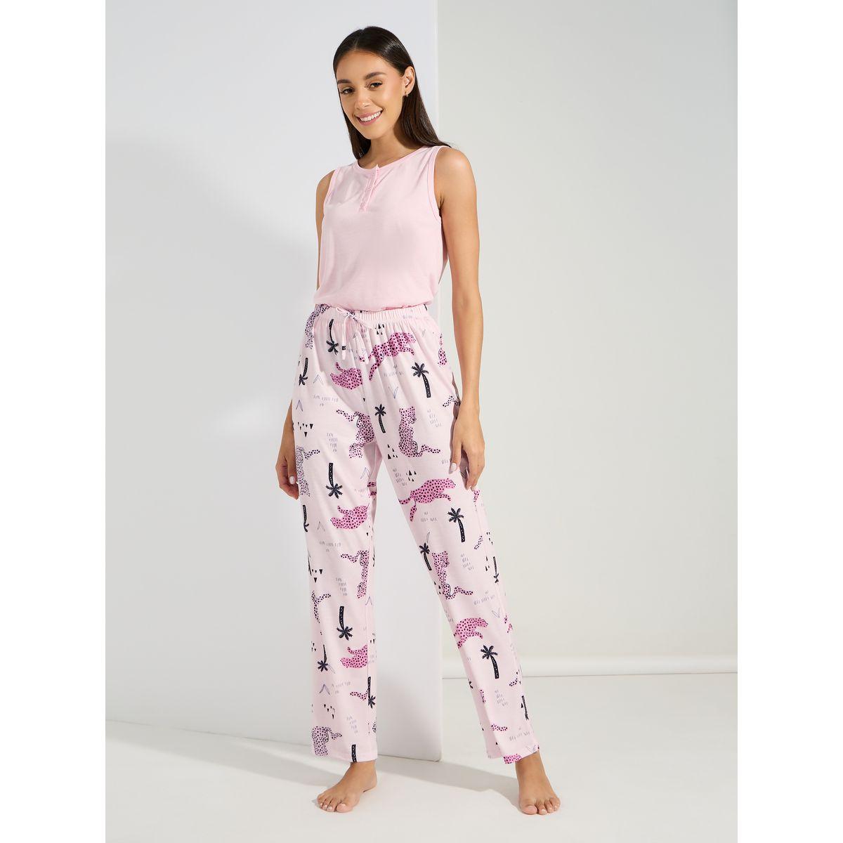 Styli Unwind Solid Placket Vest & Jungle Cats Print Pyjama Set-women-clothing-nightwear-pyjamas-longsets-image-5