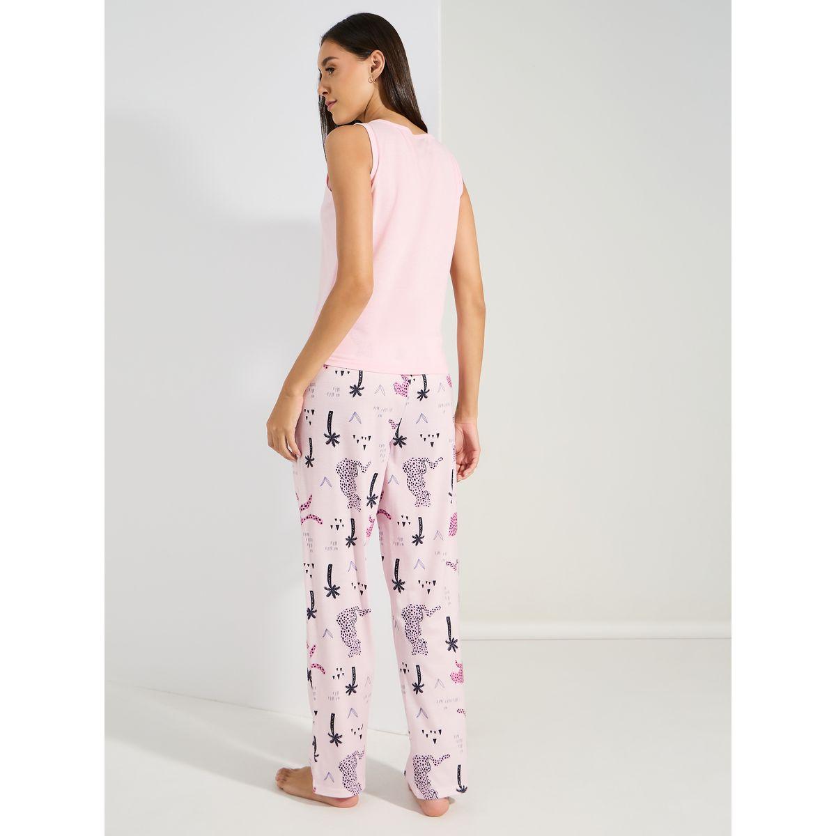 مجموعة من بنطال بيجاما بطبعة قطط مع فيست سادة-women-clothing-nightwear-pyjamas-longsets-image-1