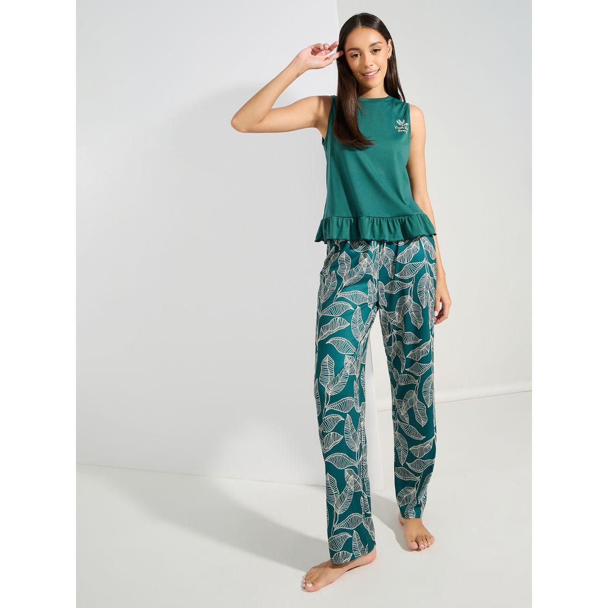 Styli Unwind Ruffle Hem Graphic Vest & Palm Print Pyjama Set-women-clothing-nightwear-pyjamas-longsets-image-1