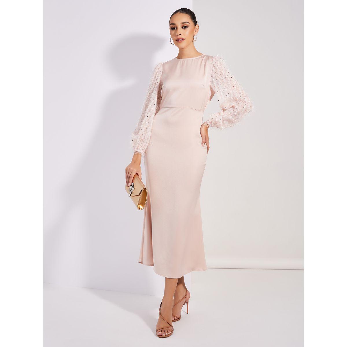 Styli Limited Satin Embellished Sleeves Round Neck Maxi Dress-women-clothing-dresses-image-1