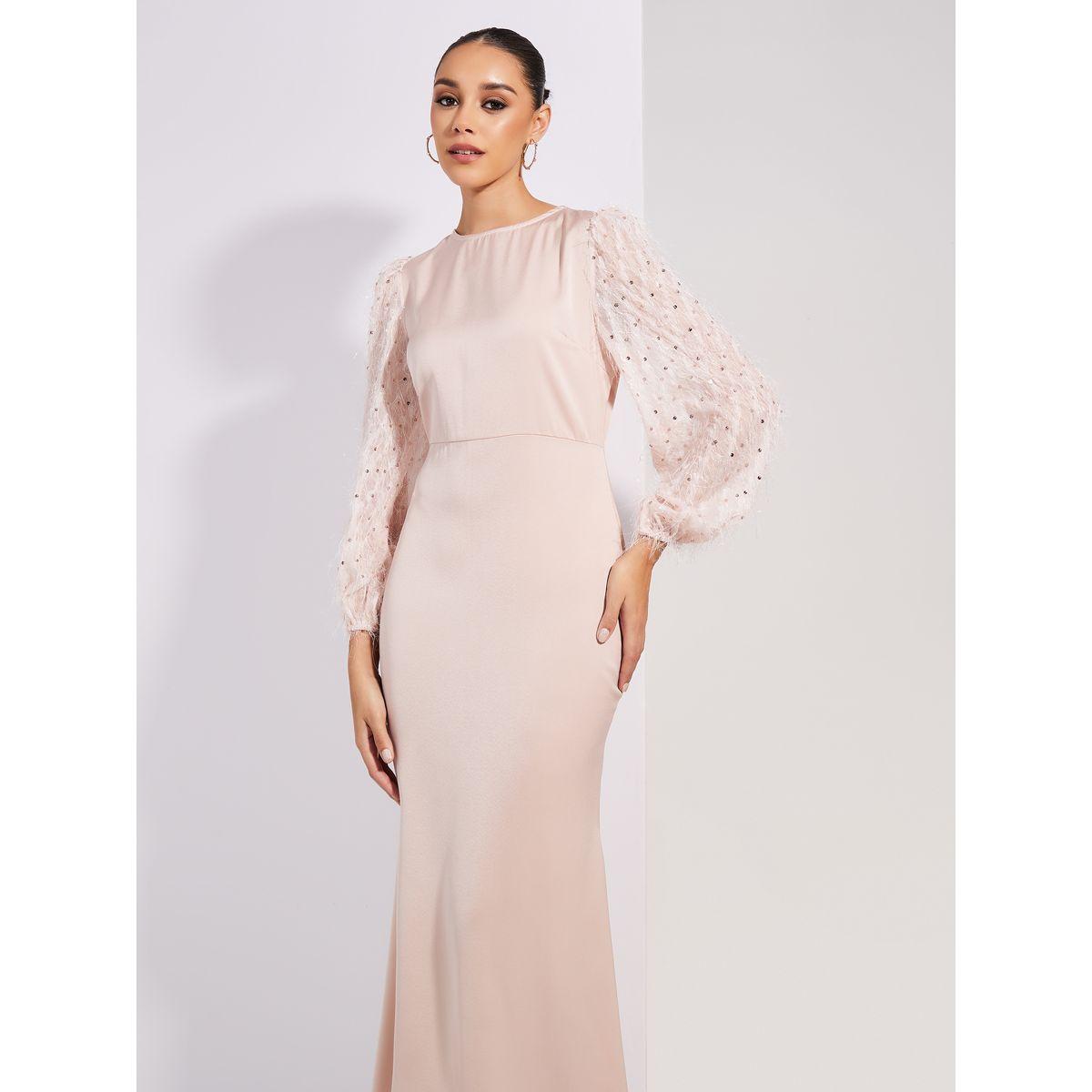 Styli Limited Satin Embellished Sleeves Round Neck Maxi Dress-women-clothing-dresses-image-2