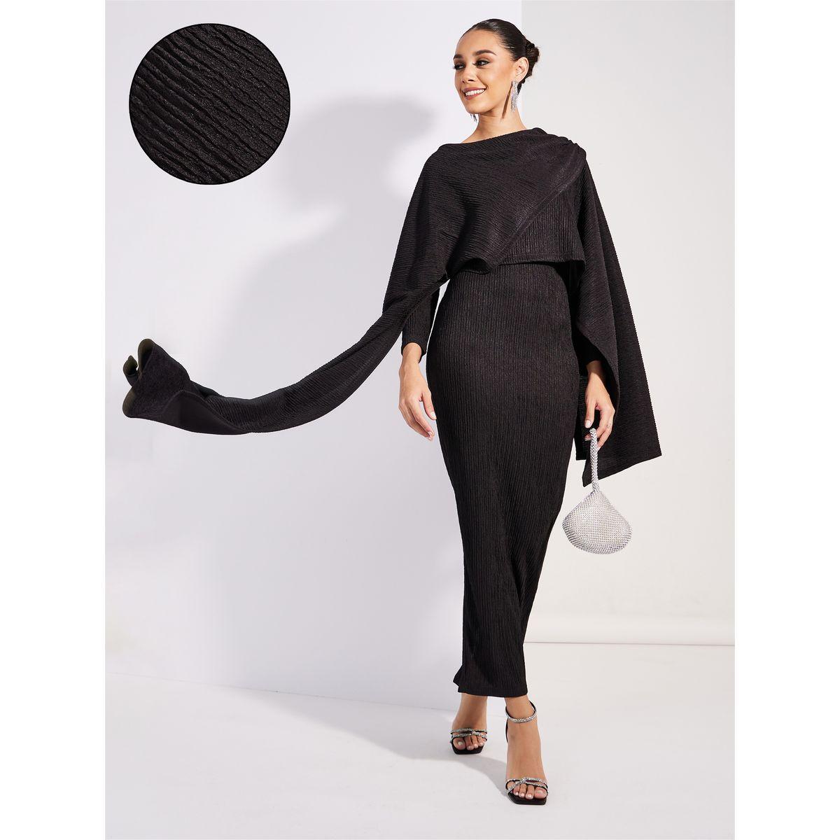 Styli Limited Textured Cape Sleeve Bodycon Maxi Dress with Slit-women-clothing-dresses-image-1