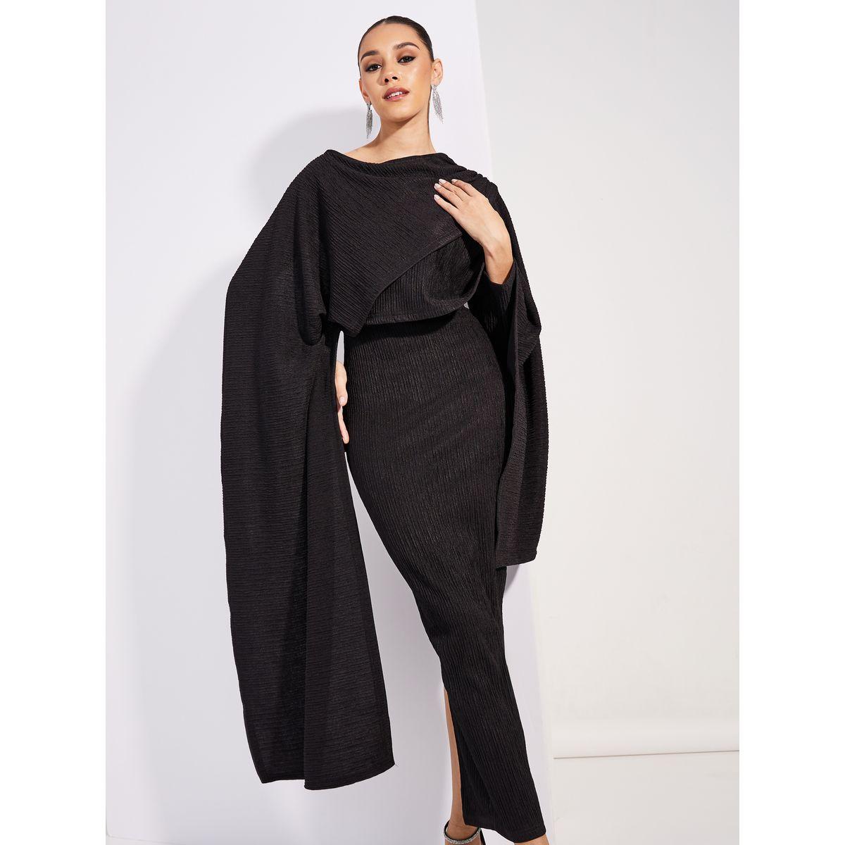 Styli Limited Textured Cape Sleeve Bodycon Maxi Dress with Slit-women-clothing-dresses-image-2
