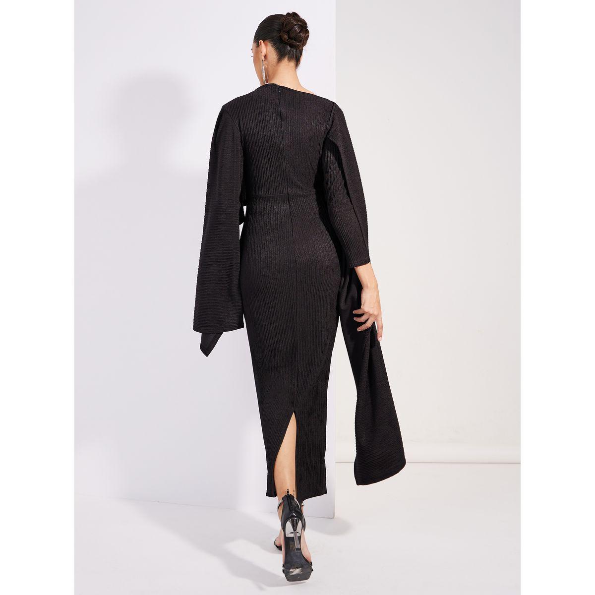 Styli Limited Textured Cape Sleeve Bodycon Maxi Dress with Slit-women-clothing-dresses-image-4