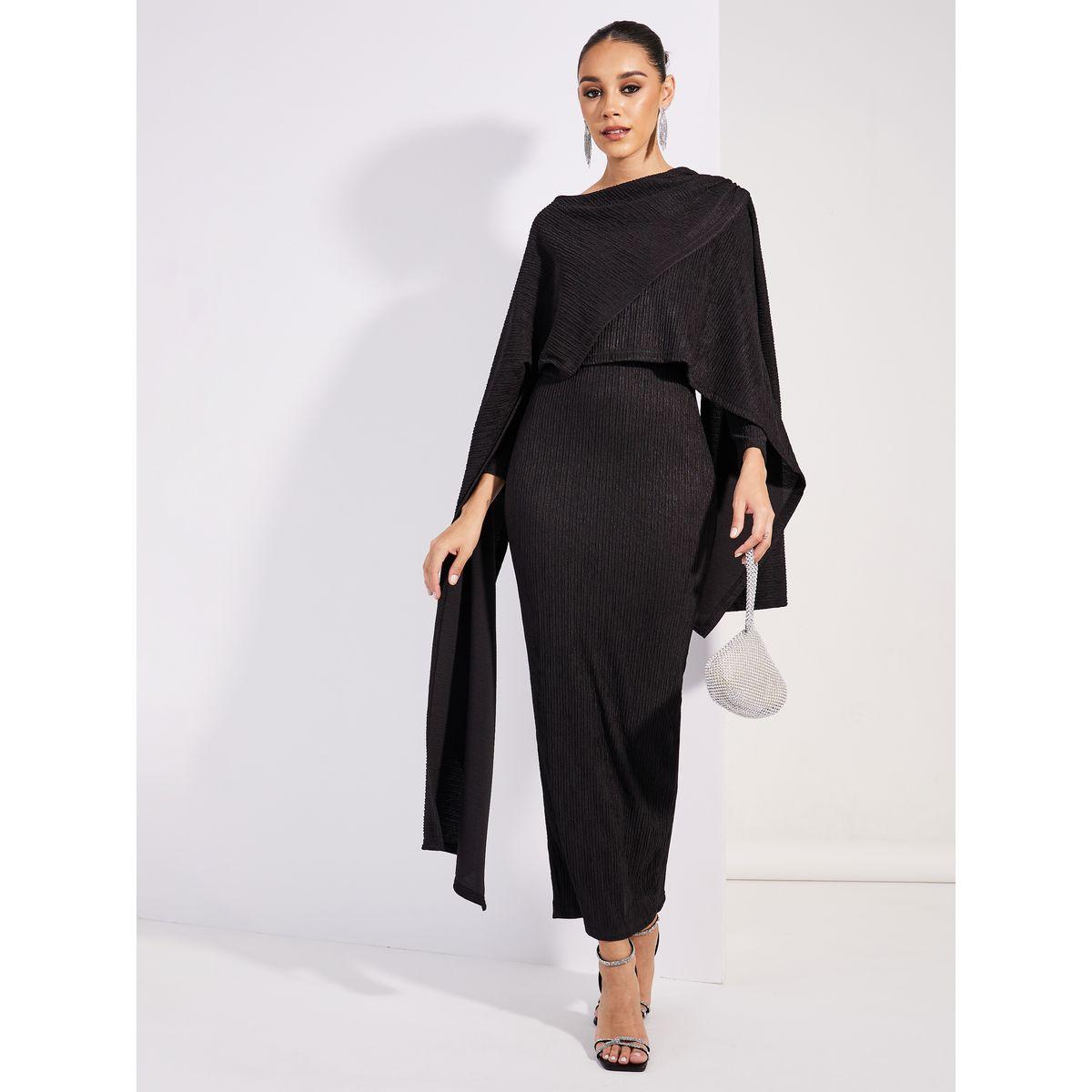 Styli Limited Textured Cape Sleeve Bodycon Maxi Dress with Slit-women-clothing-dresses-image-5