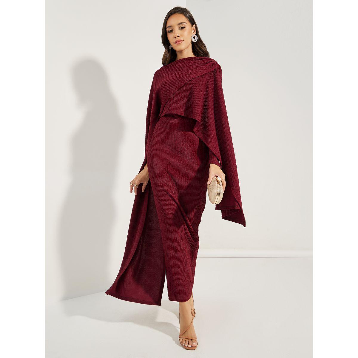 Styli Limited Textured Cape Sleeve Bodycon Maxi Dress with Slit-women-clothing-dresses-image-1