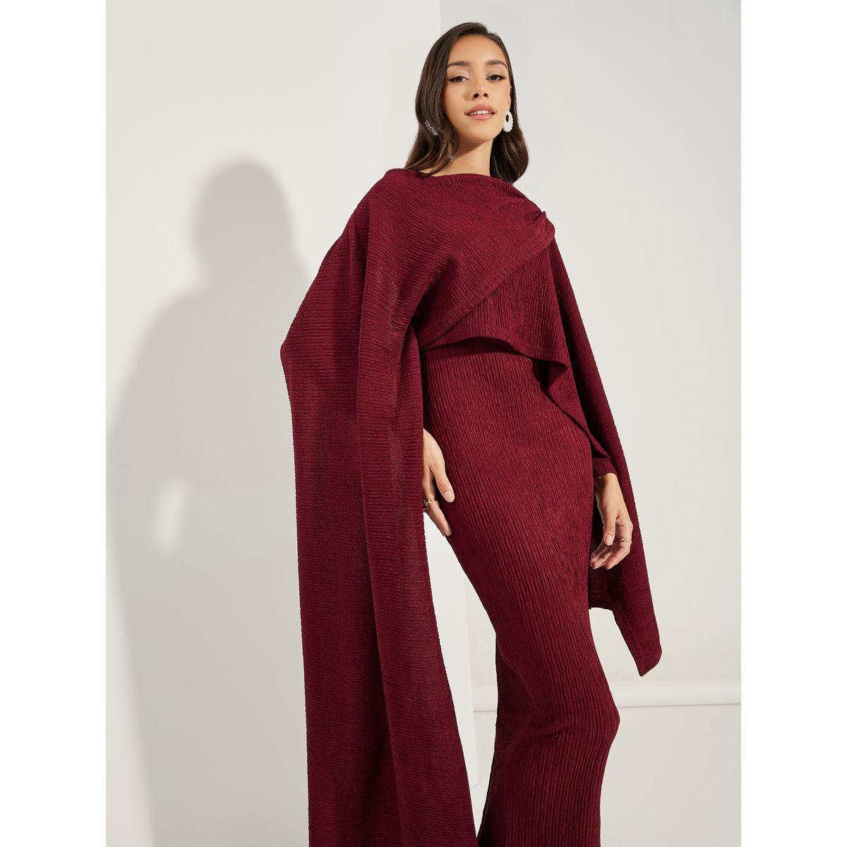 فستان طويل بديكون باكمام كيب مع شق-women-clothing-dresses-image-2