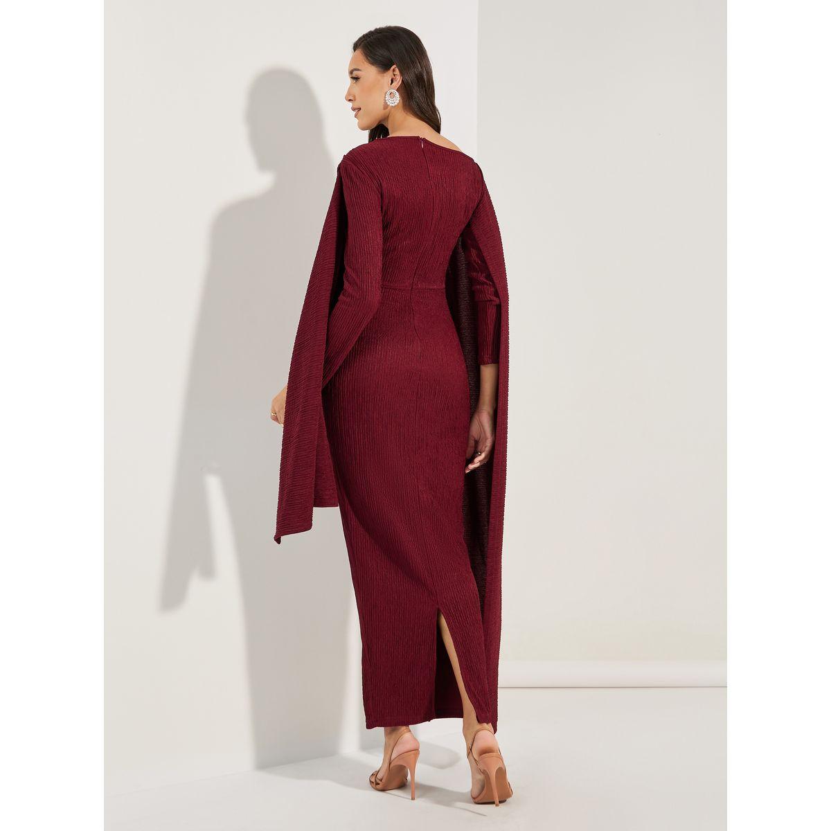 Styli Limited Textured Cape Sleeve Bodycon Maxi Dress with Slit-women-clothing-dresses-image-4