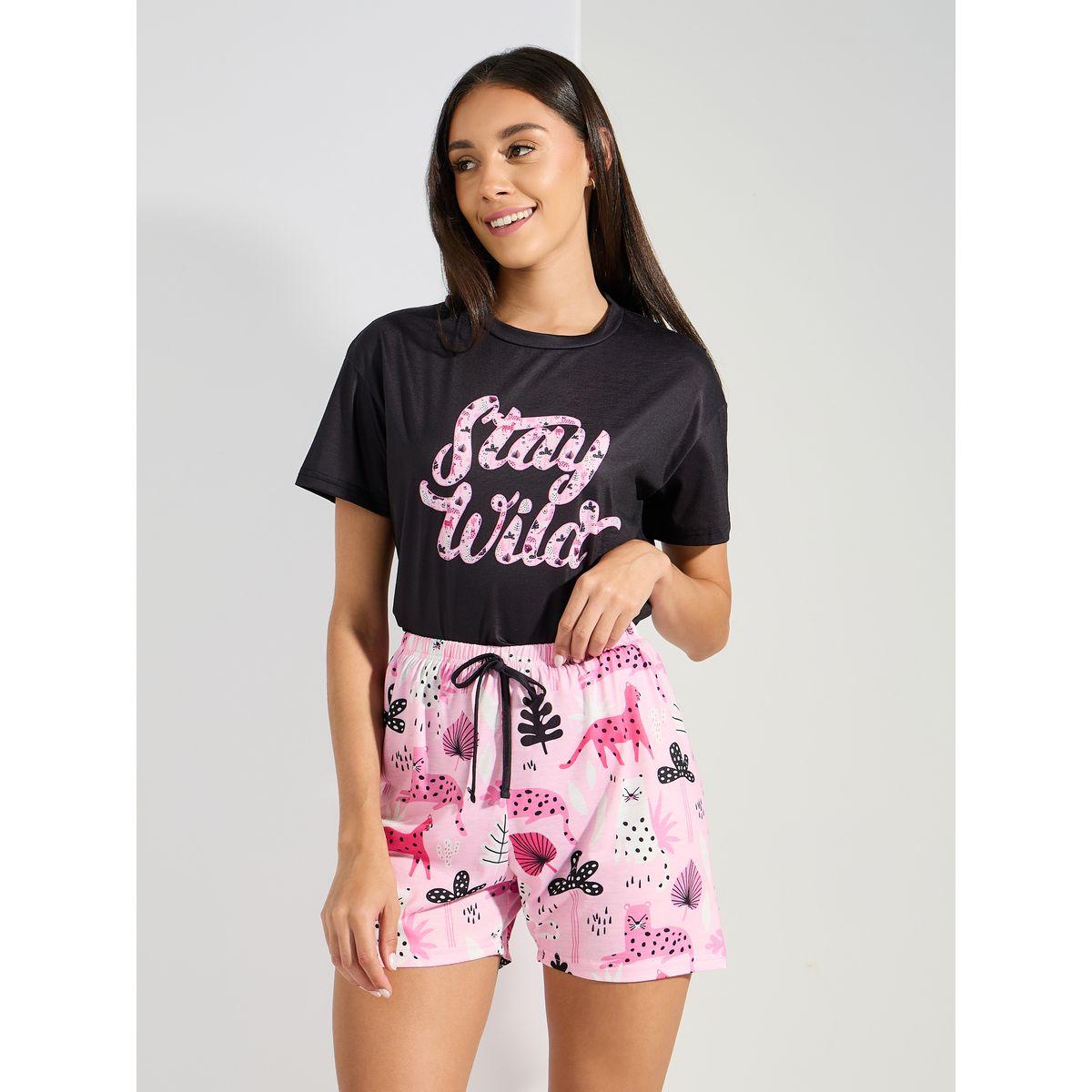 Styli Unwind Stay Wild Print Drop Shoulder T-Shirt & Shorts Set-women-clothing-nightwear-pyjamas-shortsets-image-5