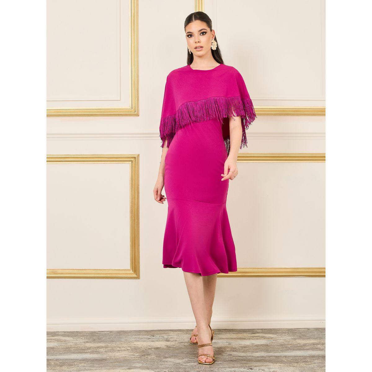 Styli Limited Fringe Trim Cape Layer Mermaid Hem Midi Dress-women-clothing-dresses-image-1