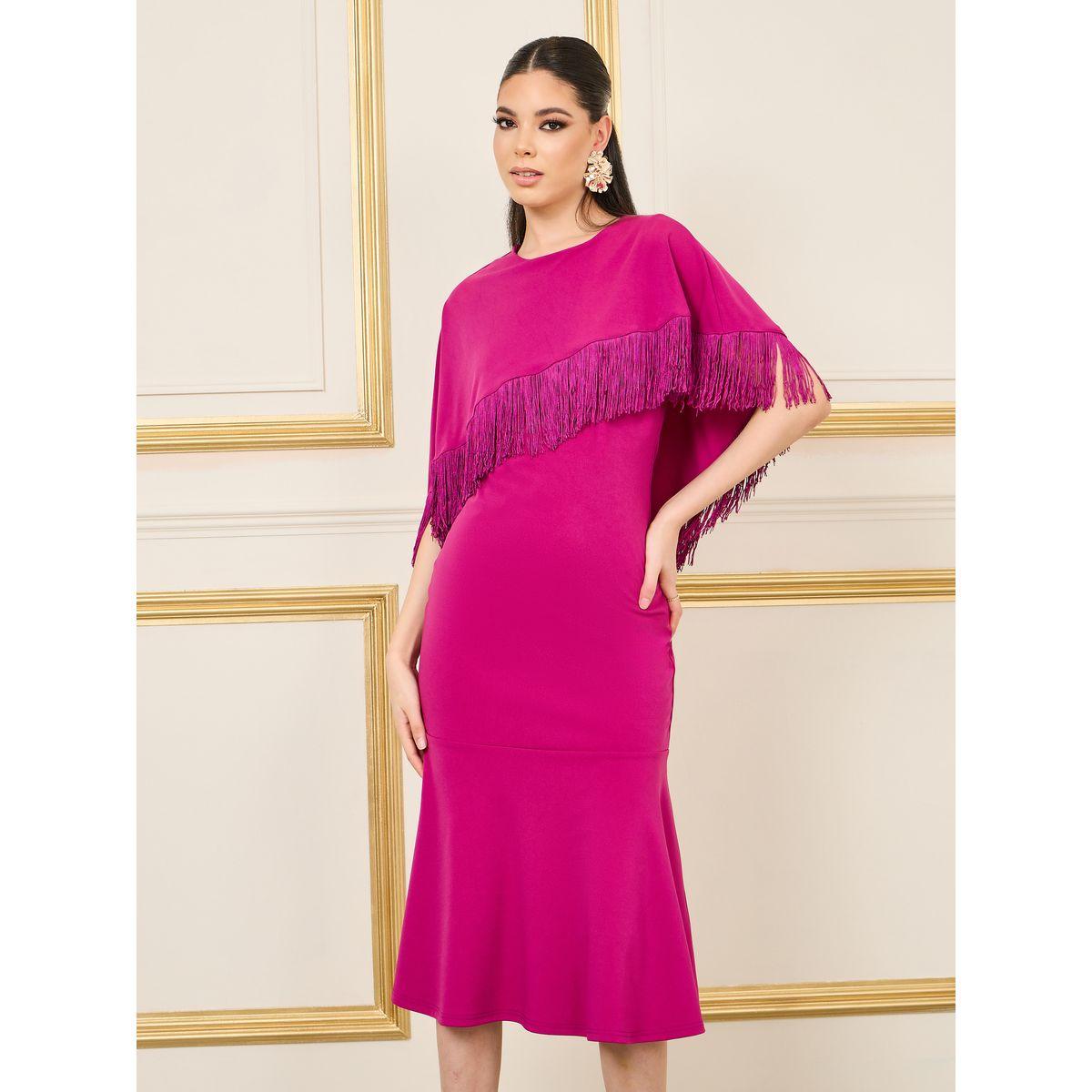 Styli Limited Fringe Trim Cape Layer Mermaid Hem Midi Dress-women-clothing-dresses-image-2