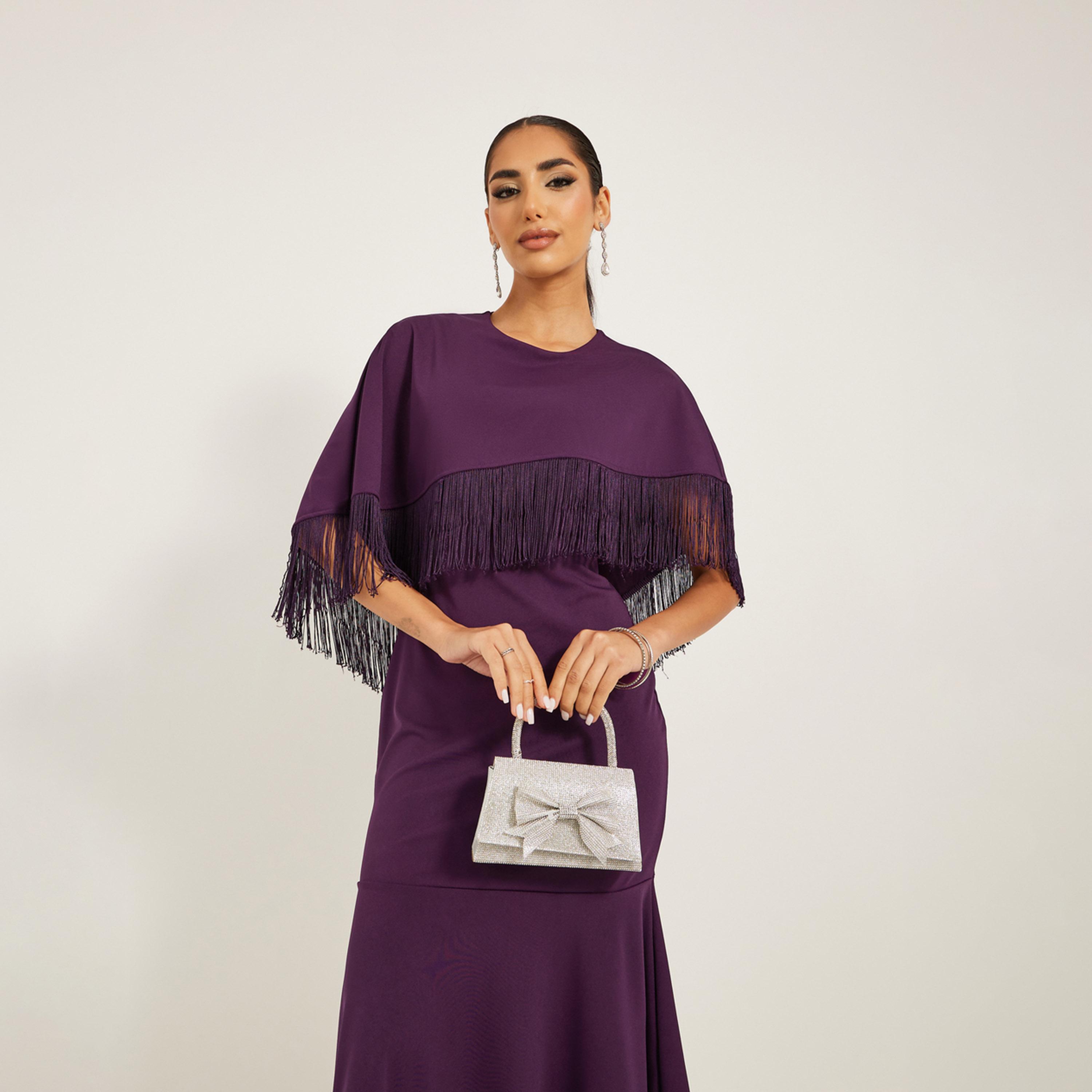 ستايلي - فستان حورية البحر متوسط الطول بأكمام واسعة متدلية مع تفاصيل شراشيب-women-clothing-dresses-image-3