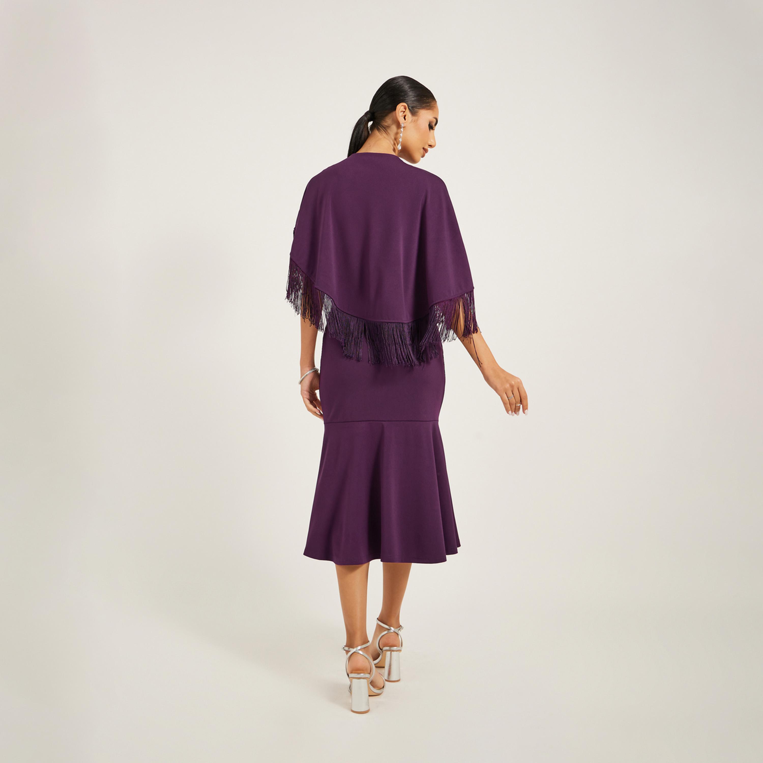 ستايلي - فستان حورية البحر متوسط الطول بأكمام واسعة متدلية مع تفاصيل شراشيب-women-clothing-dresses-image-5