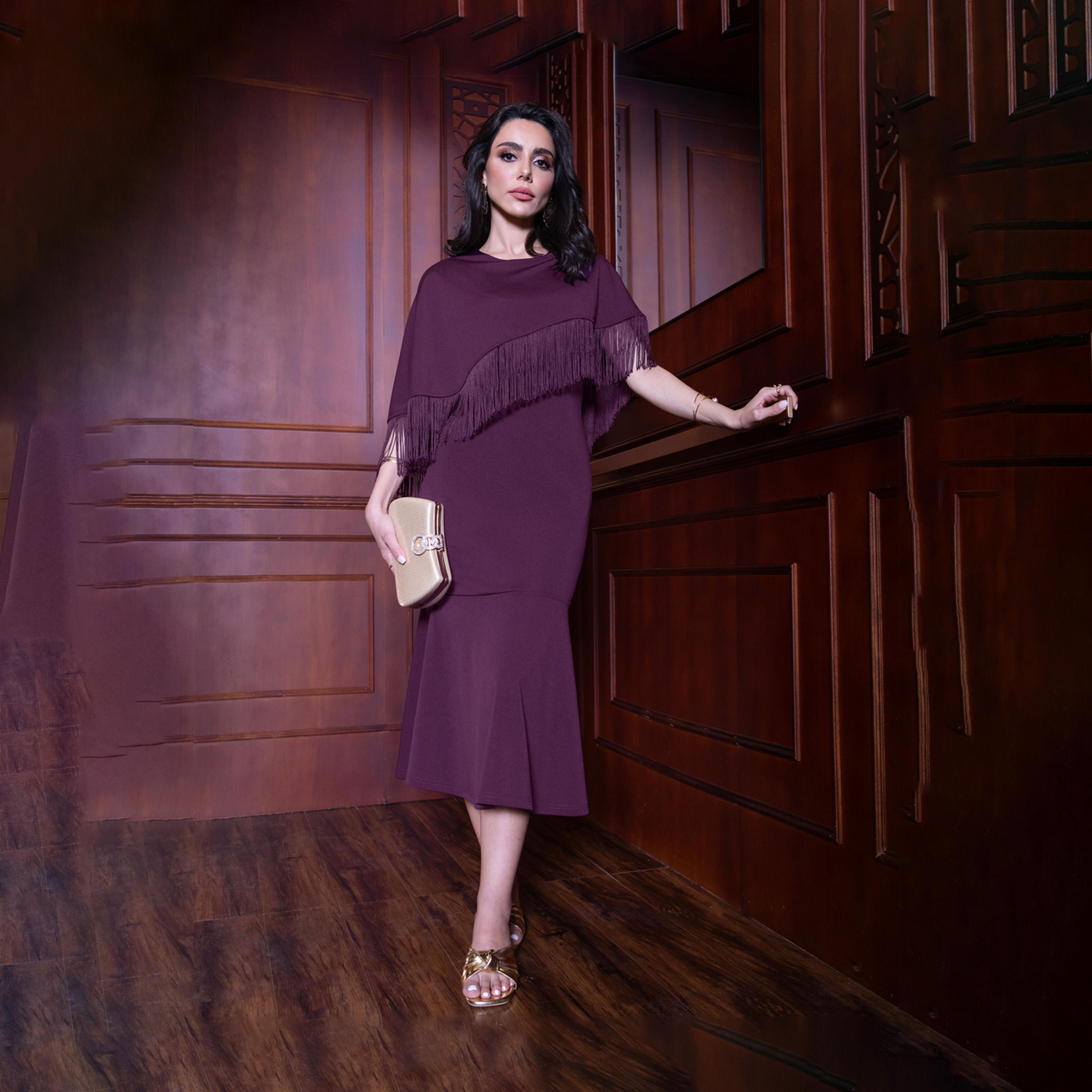 ستايلي - فستان حورية البحر متوسط الطول بأكمام واسعة متدلية مع تفاصيل شراشيب-women-clothing-dresses-image-6