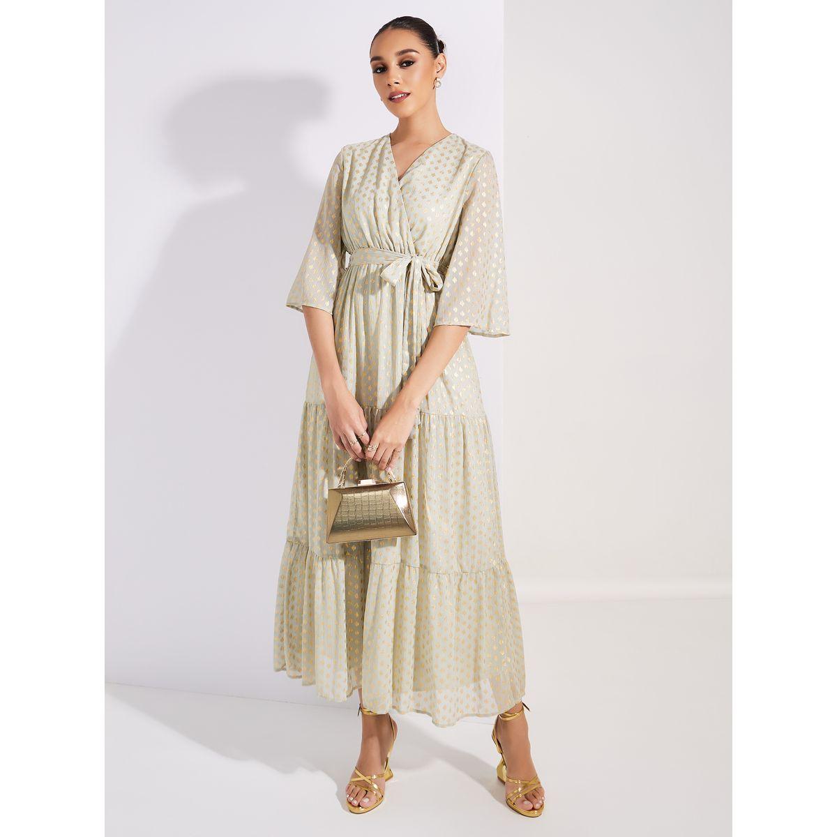 Styli Limited Lurex Foil Print Wrap Front Tiered Maxi Dress-women-clothing-dresses-image-1