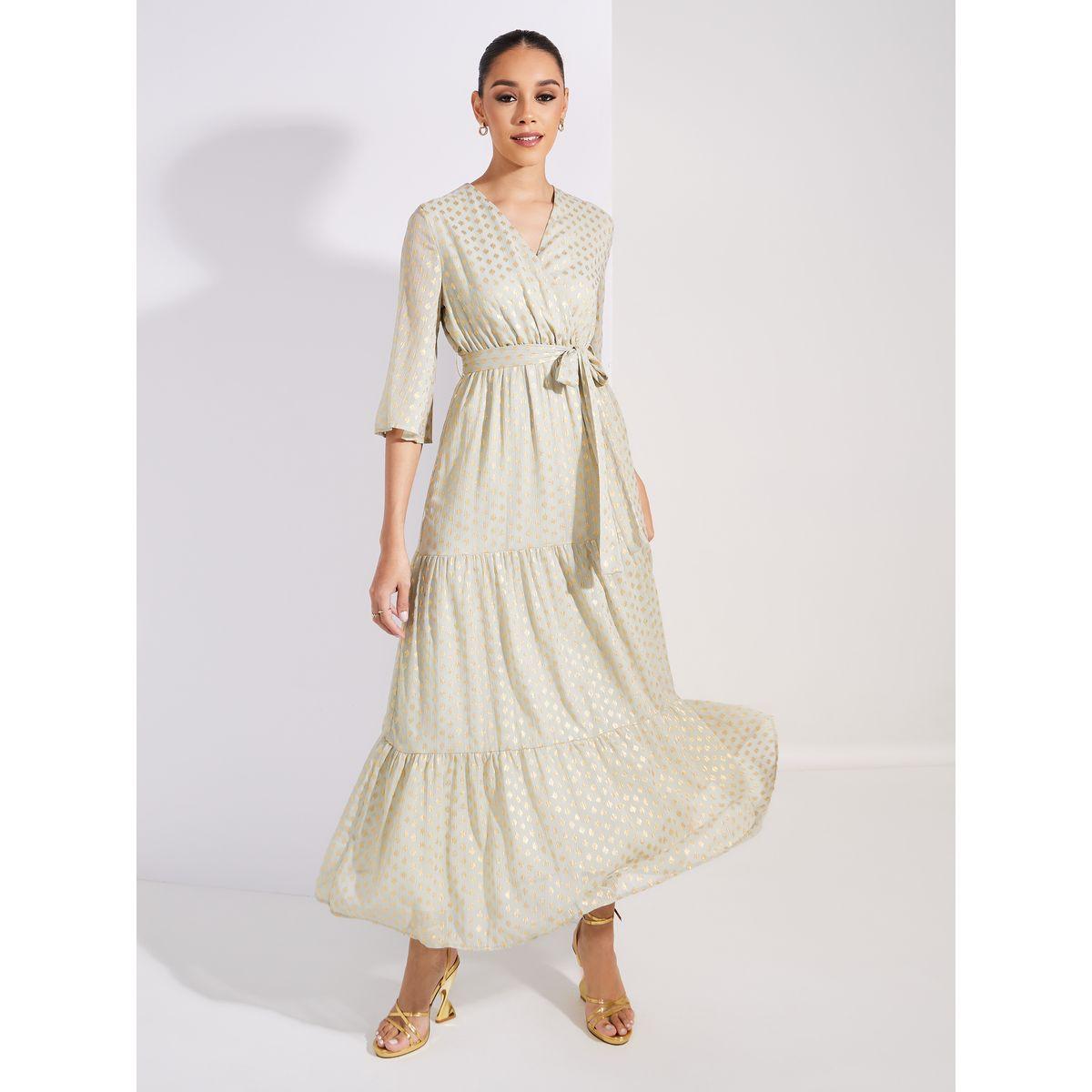 Styli Limited Lurex Foil Print Wrap Front Tiered Maxi Dress-women-clothing-dresses-image-2