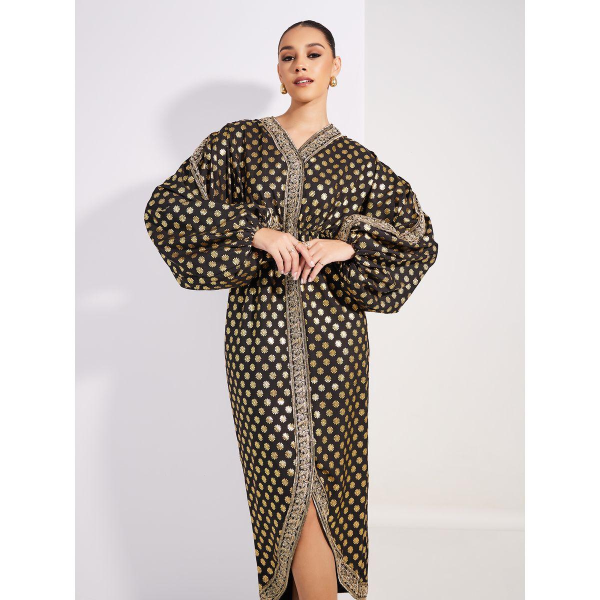 Styli Limited Foil Print Lace Detail Maxi Dress with Volume Sleeves-women-clothing-dresses-image-2