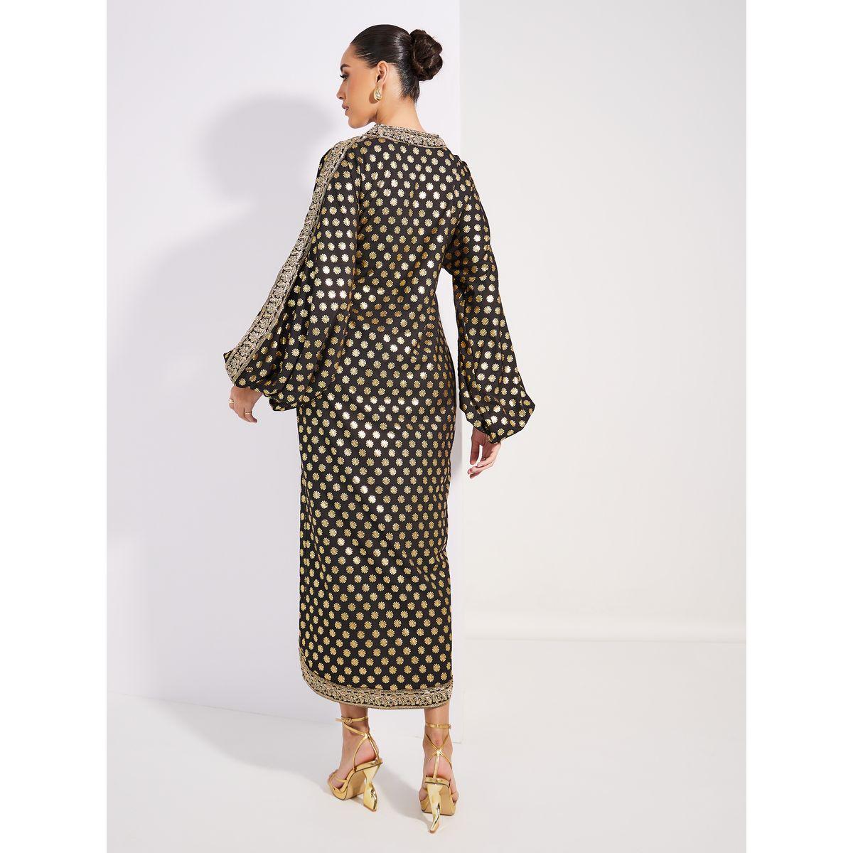 Styli Limited Foil Print Lace Detail Maxi Dress with Volume Sleeves-women-clothing-dresses-image-4