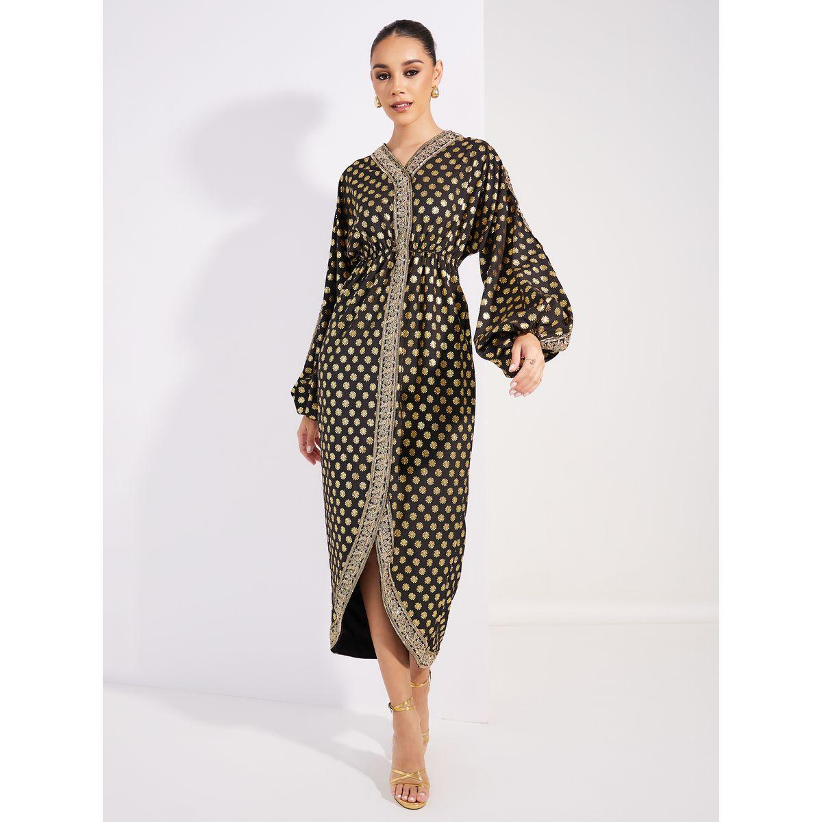 Styli Limited Foil Print Lace Detail Maxi Dress with Volume Sleeves-women-clothing-dresses-image-5