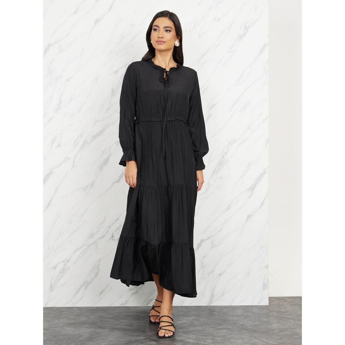 Styli Solid Ruffle Detail Tie Up Neck A-Line Maxi Dress-women-clothing-dresses-image-1
