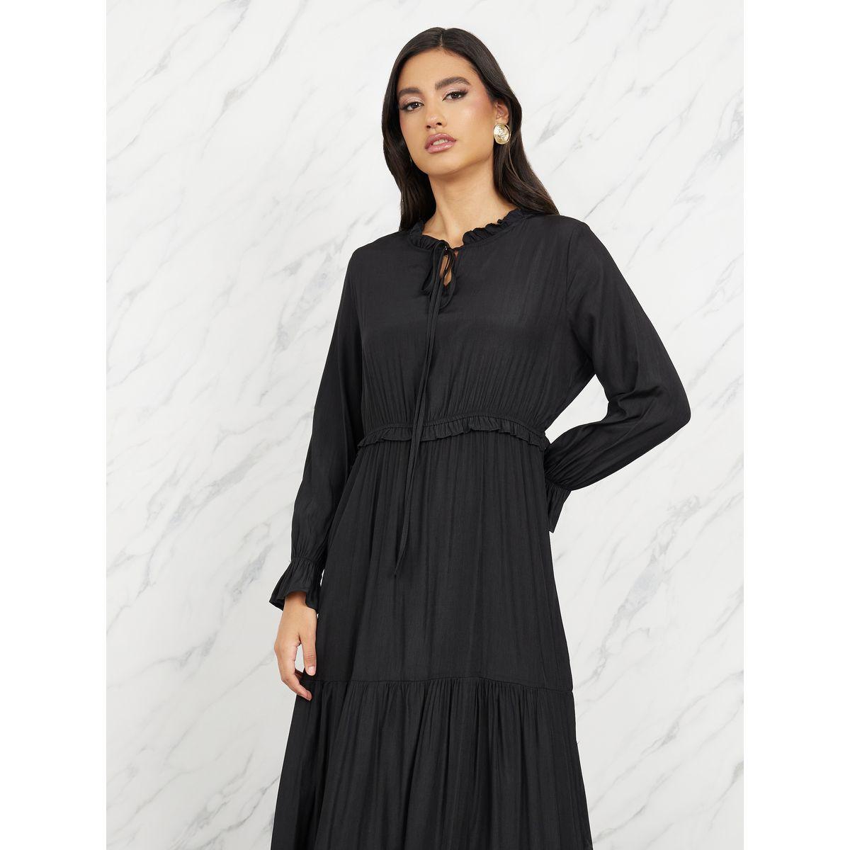 Styli Solid Ruffle Detail Tie Up Neck A-Line Maxi Dress-women-clothing-dresses-image-2