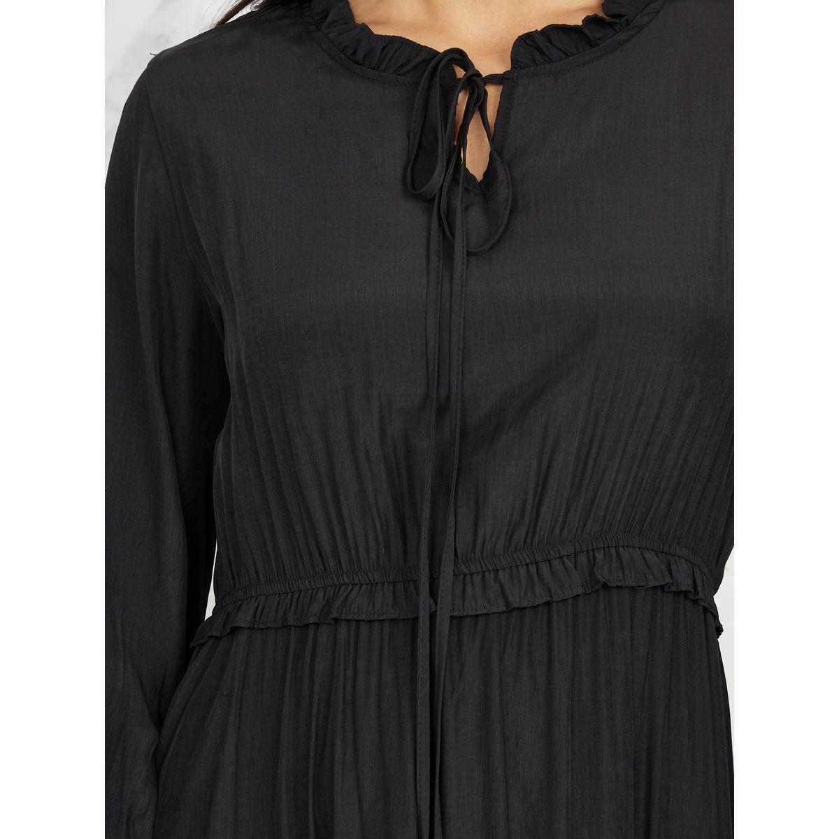 Styli Solid Ruffle Detail Tie Up Neck A-Line Maxi Dress-women-clothing-dresses-image-3
