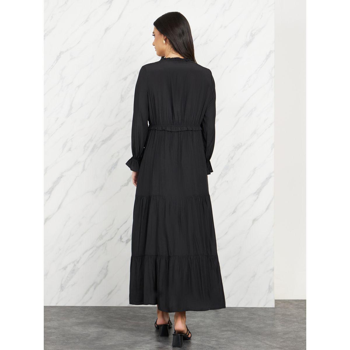 Styli Solid Ruffle Detail Tie Up Neck A-Line Maxi Dress-women-clothing-dresses-image-4