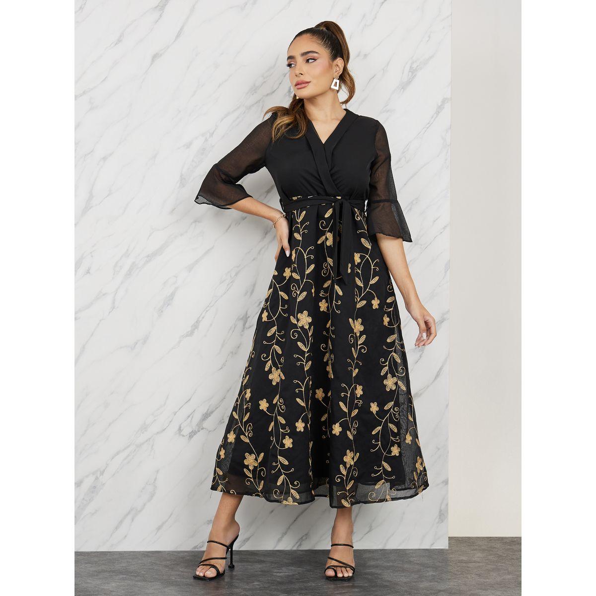 Styli Thread Embroidered Collared A-Line Midi Dress-women-clothing-dresses-image-1