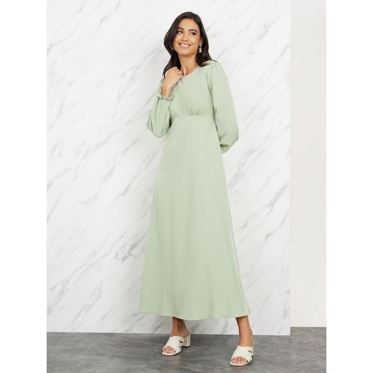 Styli Solid Ruffle Trim Sleeves A-Line Midi Dress-women-clothing-dresses-image-1