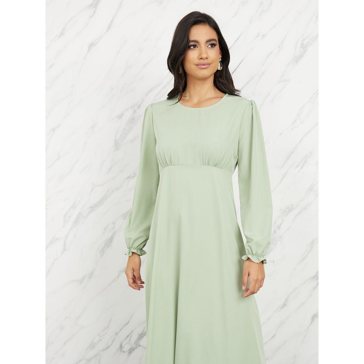 Styli Solid Ruffle Trim Sleeves A-Line Midi Dress-women-clothing-dresses-image-2