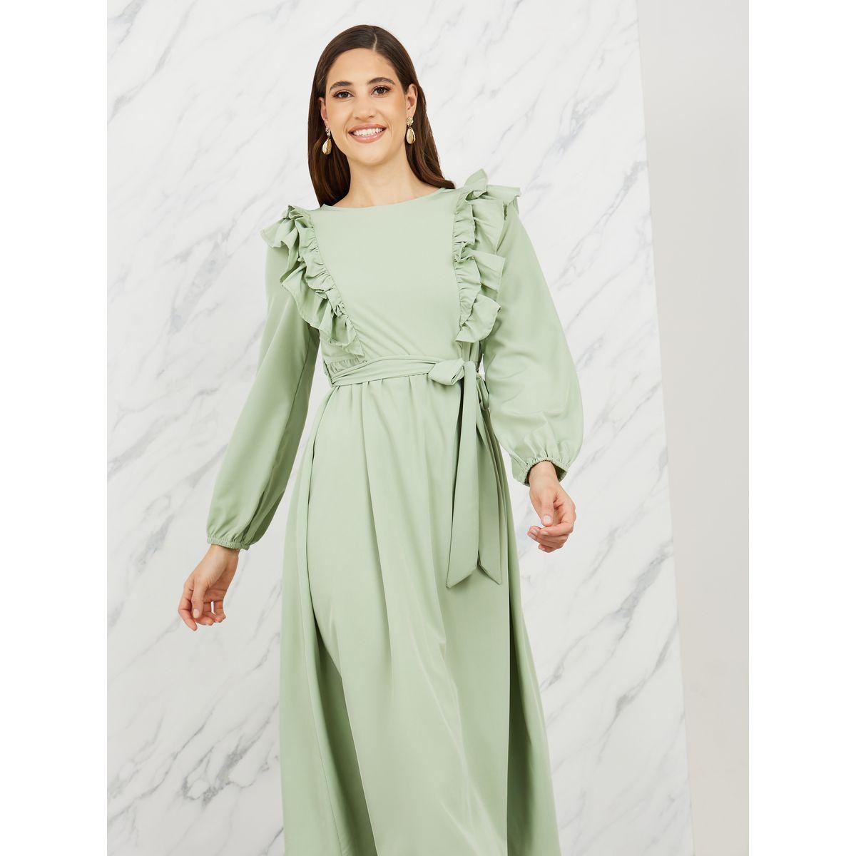 Styli Ruffle Detail Self Tie Up A-Line Midi Dress-women-clothing-dresses-image-2