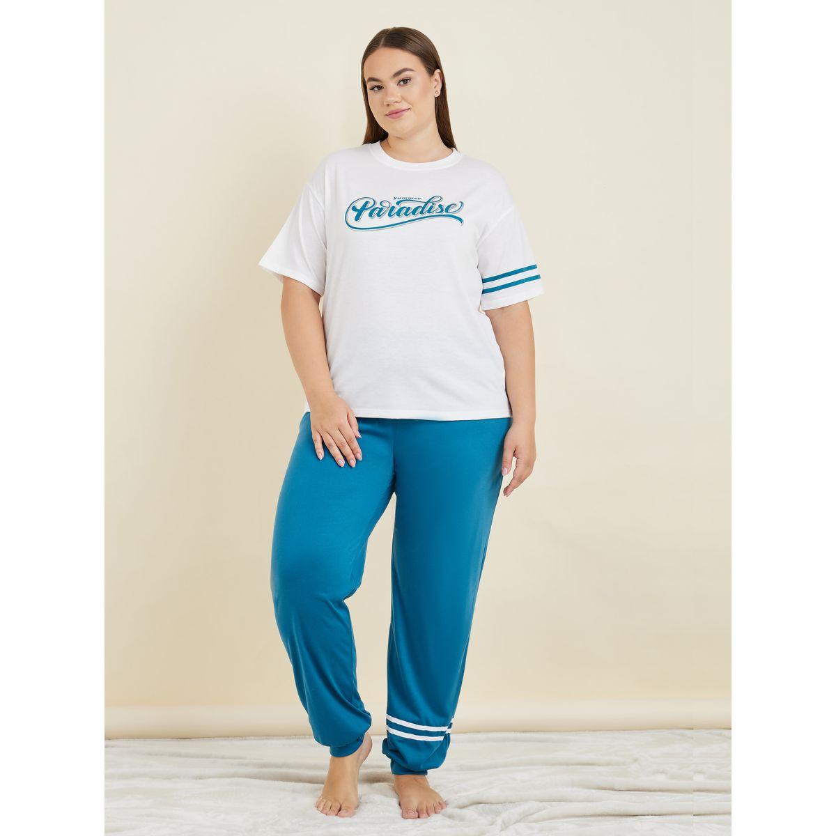 Styli Unwind Plus Paradise Drop Shoulder T-Shirt & Side Stripe Cuff Pjyjama Set-women-clothing-nightwear-pyjamas-longsets-image-1