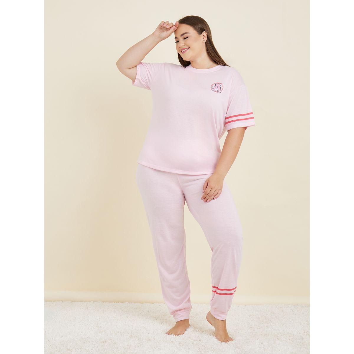 Styli Unwind Plus Graphic Drop Shoulder T-Shirt & Side Stripe Cuff Pyjama Set-women-clothing-nightwear-pyjamas-longsets-image-1