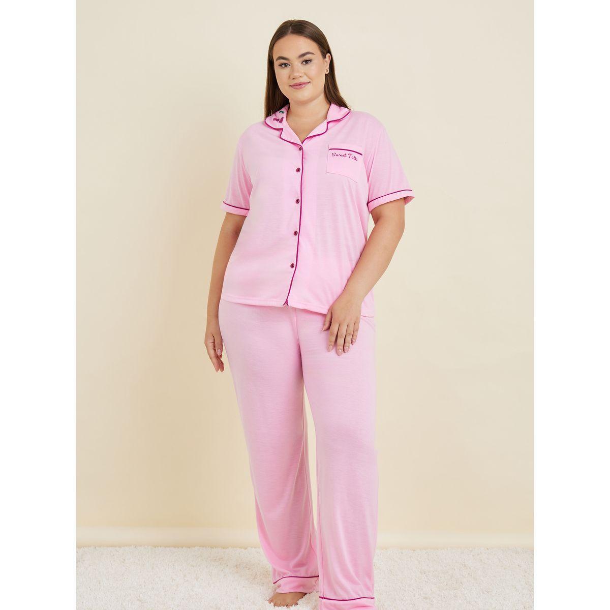 Styli Unwind Plus Sweet Talk Graphic Contrast Piping Button Through Shirt & Pyjama Set-women-clothing-nightwear-pyjamas-longsets-image-1
