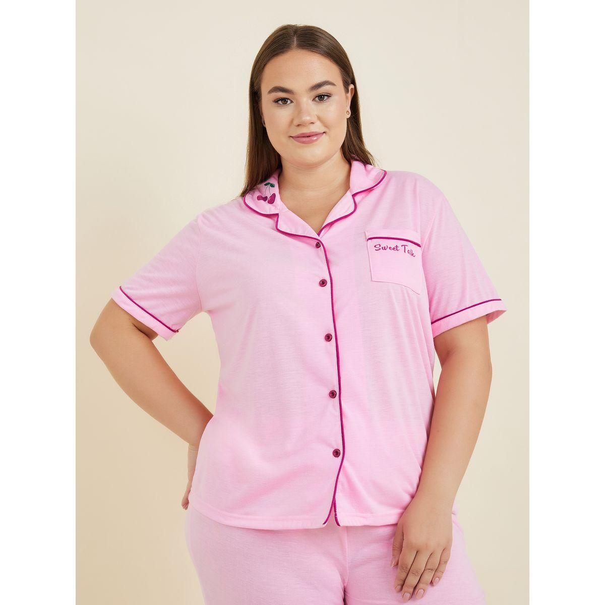 Styli Unwind Plus Sweet Talk Graphic Contrast Piping Button Through Shirt & Pyjama Set-women-clothing-nightwear-pyjamas-longsets-image-2
