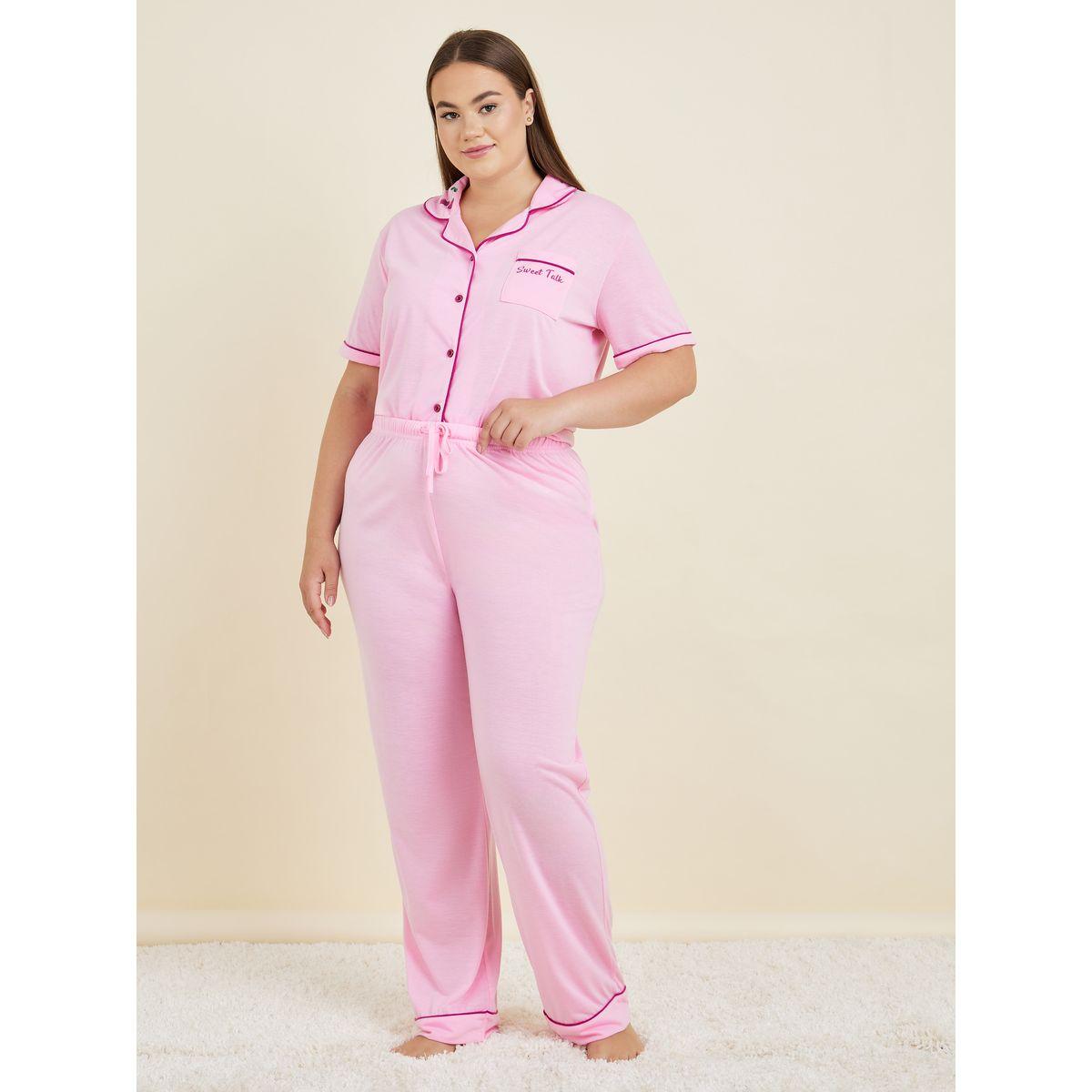 Styli Unwind Plus Sweet Talk Graphic Contrast Piping Button Through Shirt & Pyjama Set-women-clothing-nightwear-pyjamas-longsets-image-3