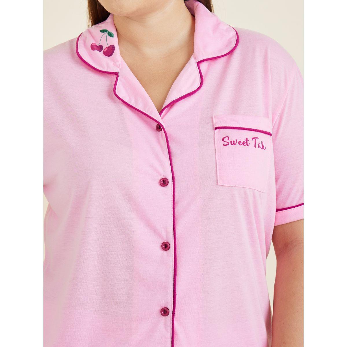 Styli Unwind Plus Sweet Talk Graphic Contrast Piping Button Through Shirt & Pyjama Set-women-clothing-nightwear-pyjamas-longsets-image-4