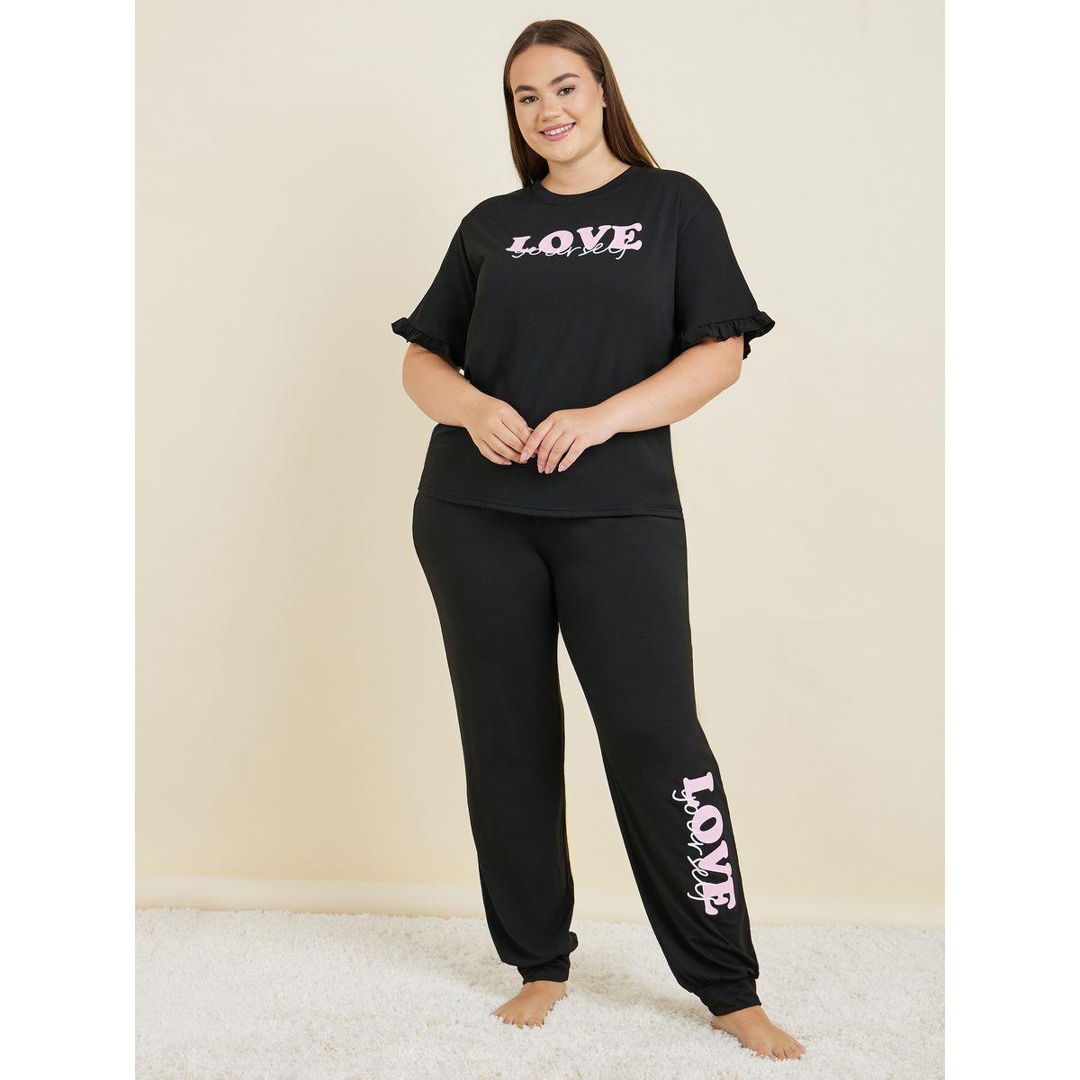 Styli Unwind Plus Love Yourself Ruffle Sleeve T-Shirt & Graphic Cuff Pyjama Set-women-clothing-nightwear-pyjamas-longsets-image-1