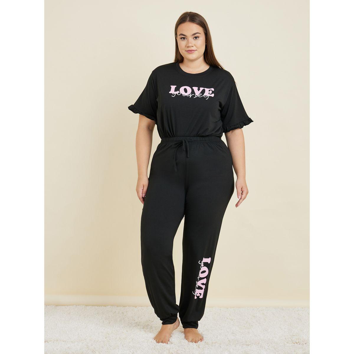 Styli Unwind Plus Love Yourself Ruffle Sleeve T-Shirt & Graphic Cuff Pyjama Set-women-clothing-nightwear-pyjamas-longsets-image-3